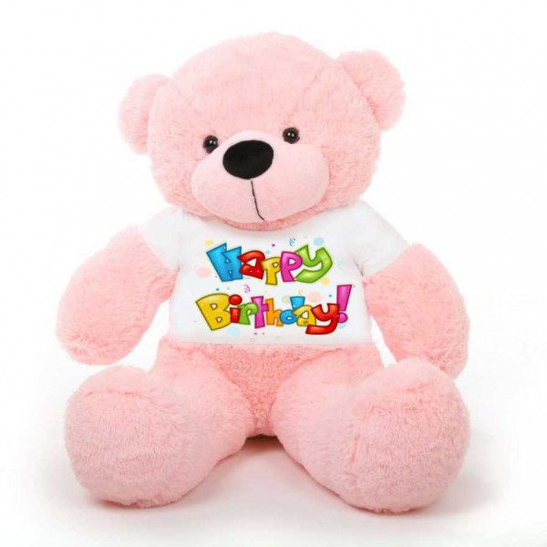 Pink 5 feet Big Teddy Bear wearing a Colorful Happy Birthday T-shirt